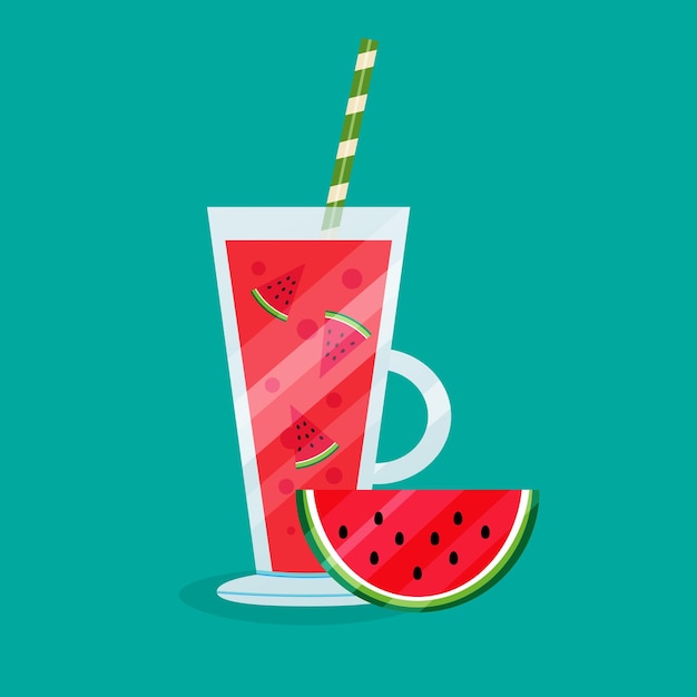 Watermelon smoothie in glass cup with handle vector illustration in flat style