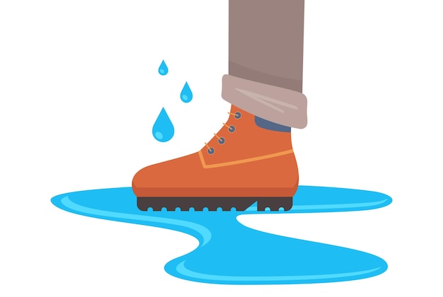 Waterproof boots for autumn weather. puddle of water on the ground. flat vector illustration.