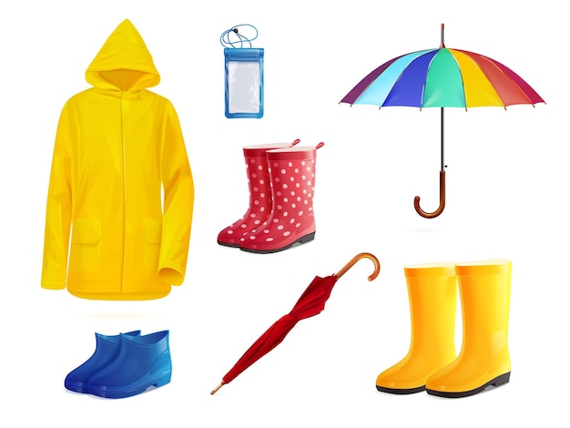 Vector waterproof clothing realistic rain gear autumn season clothes funny yellow raincoat umbrella wellies for wet puddle safety fashion gumboots and coat exact vector illustration