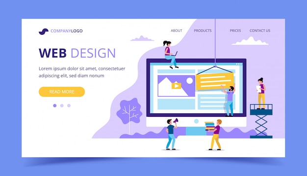 Web design landing page - illustration with small people doing various tasks, big monitor with a website. 