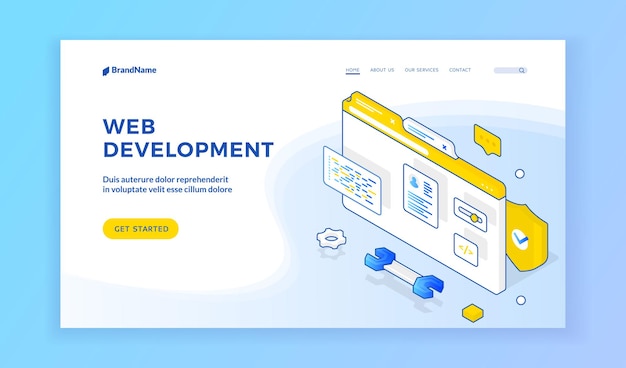 Vector web development. isometric vector design of banner offering online learning of web development. programming and coding concept. isometric web banner, landing page template