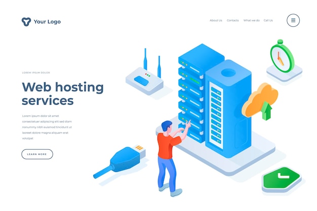 Vector web hosting services isometric landing page template cartoon programmer providing server technical support