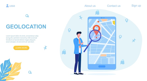 Vector web page template for geolocation with a man with magnifying glass looking at a map on a digital