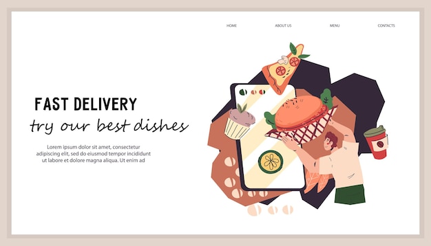 Website banner template for fast food takeout and takeaway vector illustration