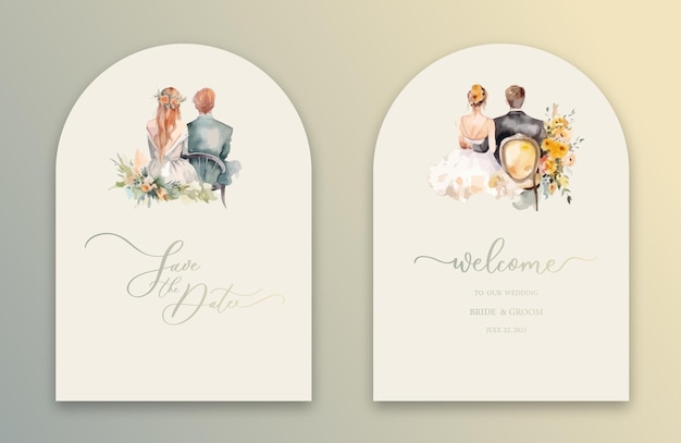 Vector wedding arch invitation with calligraphy and watercolor bride and groom