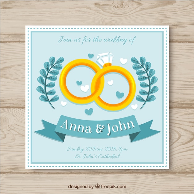 Vector wedding card invitation with rings in flat style