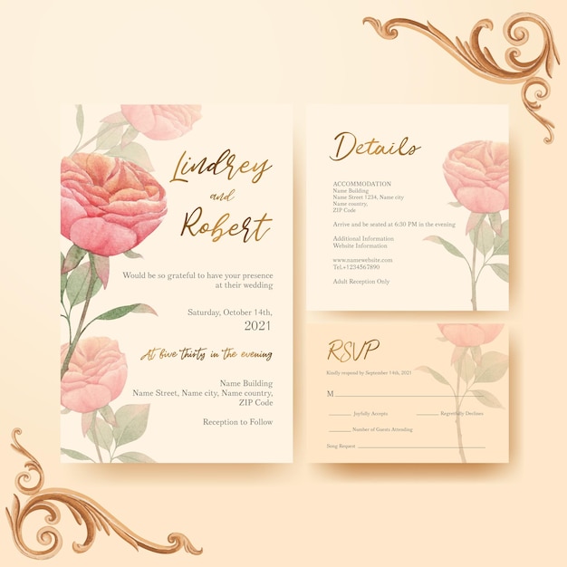 Vector wedding card template with cottagecore flowers concept,watercolor style