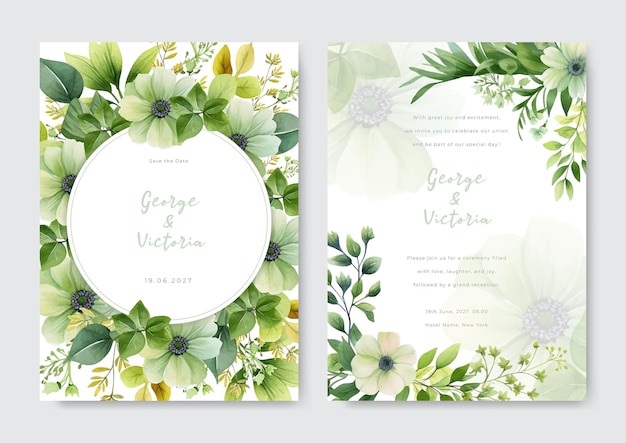 Vector wedding card template with floral feather green white concept watercolor style