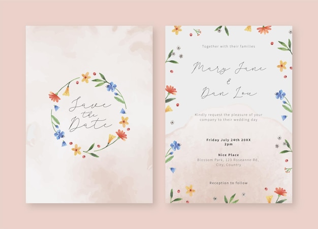 Vector wedding invitation card set with wild floral watercolor