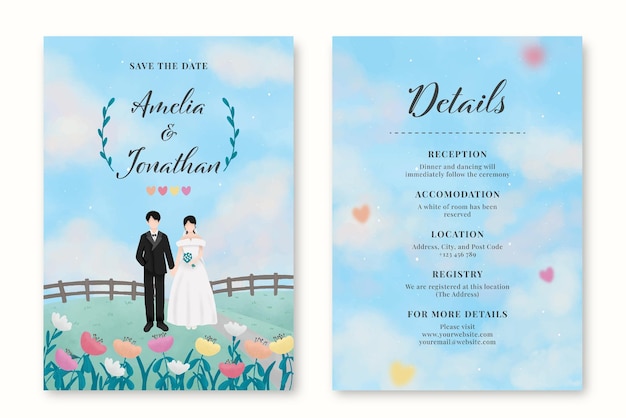 Vector wedding invitation couple and flower field with beautiful blue sky watercolor illustrations