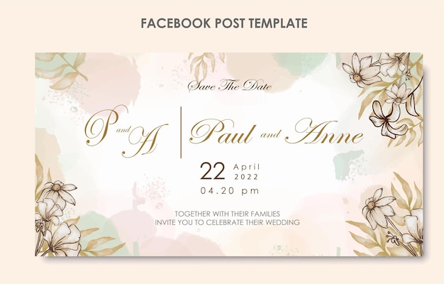 Wedding invitation and menu template with beautiful leaves and flower watercolor