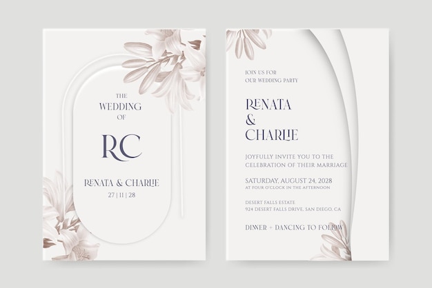 Vector wedding invitation template with modern shadow and flower watercolor