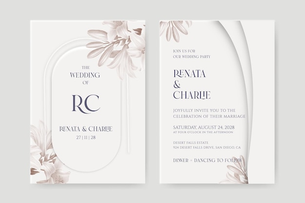 wedding invitation template with modern shadow and flower watercolor