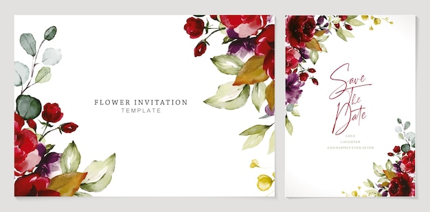 wedding invitation with flowers and leaves rose purple and burgundy colors design isolated white