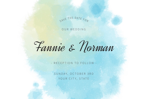 Vector wedding invitation with gradient watercolour blue stains