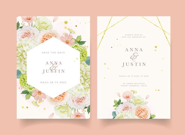 Vector wedding invitation with watercolor peach roses and hydrangea flower