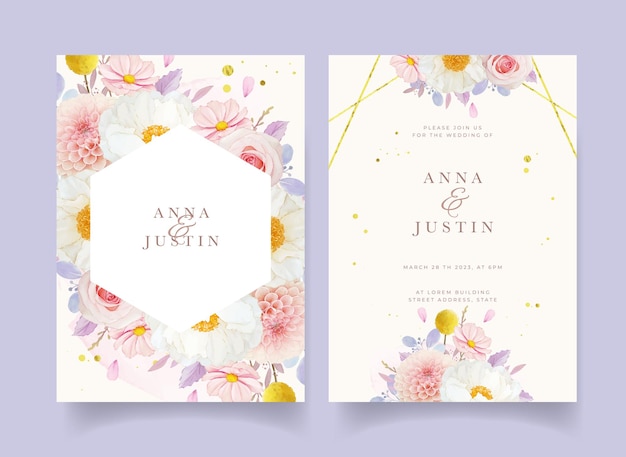 Vector wedding invitation with watercolor pink roses  dahlia and peony flower