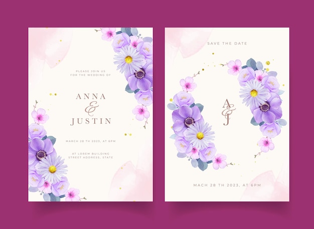 Vector wedding invitation with watercolor purple flowers