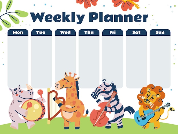 Week kid planner animal calendar table cute banner jungle style concept