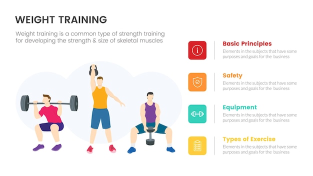 Vector weight training infographic concept for slide presentation with 4 point list