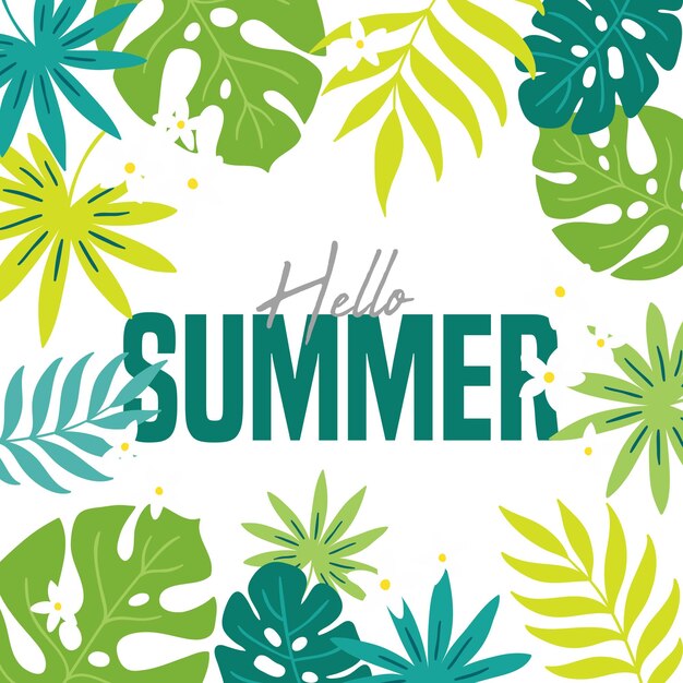 Vector welcome summer lettering with photo of flat tropical leaves frame with green leaves cute design