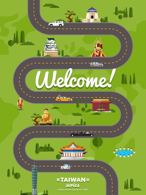 Welcome to Taiwan poster with famous attractions