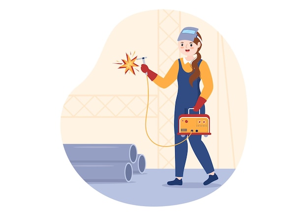 Welding Service with Welder Weld Metal Structures and Steel Construction in Flat Illustration