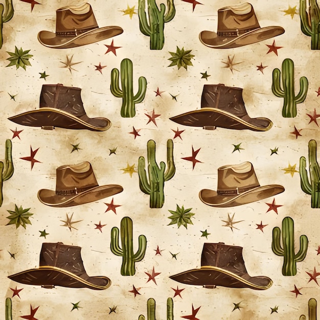 Vector western cowboy hat and cactus seamless pattern