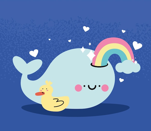 Whale and duck kawaii characters