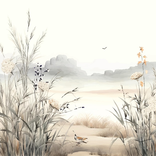 Vector wheat flowers leave it blank chinese water painting with bamboo in the background in the style