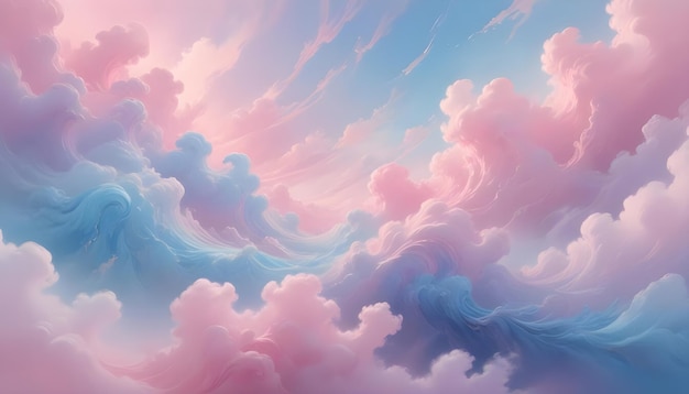 Vector whimsical dreamy cloudscape in shades of pink and blue resembling cotton candy or ocean waves in the sky