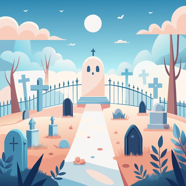 Vector a whimsical graveyard scene with tombstones and a serene atmosphere