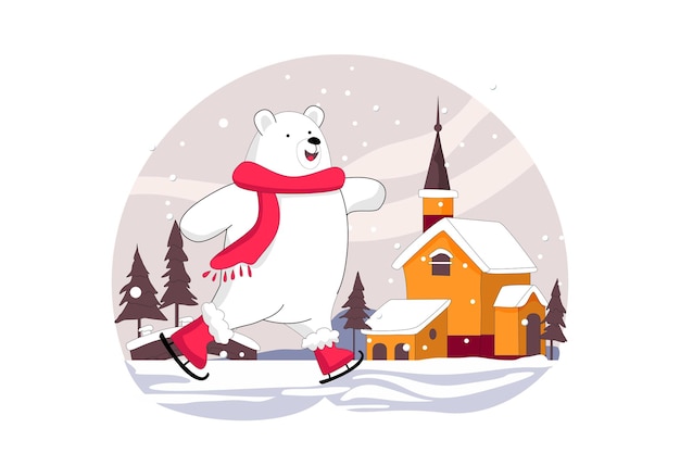 White bear Rollerblading Merry Christmas Flat Vectors