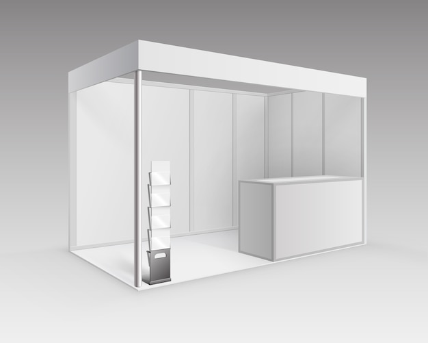 White Blank Indoor Trade exhibition Booth Standard Stand for Presentation with Counter Booklet Brochure Holder in Perspective Isolated on Background