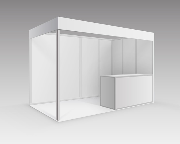 Vector white blank indoor trade exhibition booth standard stand for presentation with counter isolated in perspective on background