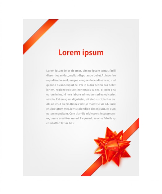 White card template with a red bow and ribbons. Design element. Vector illustration