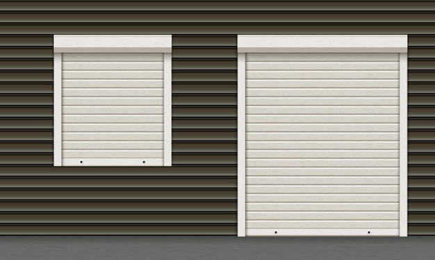 White closed roller garage shutter door and window with realistic texture on dark facade