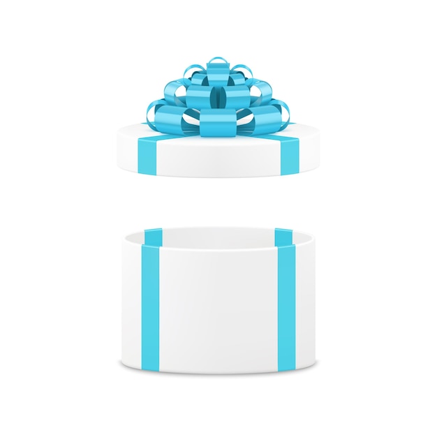 Vector white elegant circle gift box with open cap and stylish blue bow ribbon 3d icon realistic vector