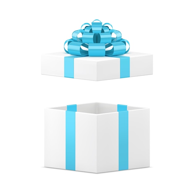 Vector white empty gift box with open cap and festive bow ribbon package 3d icon realistic vector