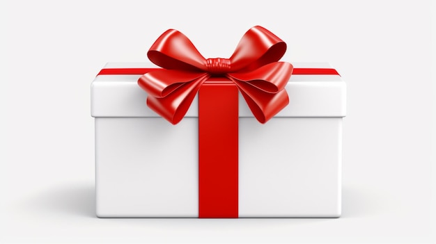 a white gift box with a red ribbon tied around it