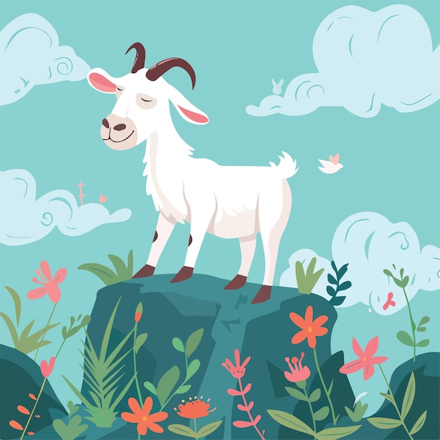 Vector white goat standing on a cliff floral landscape cute animal wildlife nature illustration