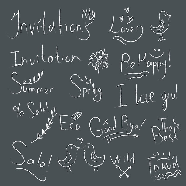 White grunge doodle sketch style inscriptions I love you spring summer be happy invitation