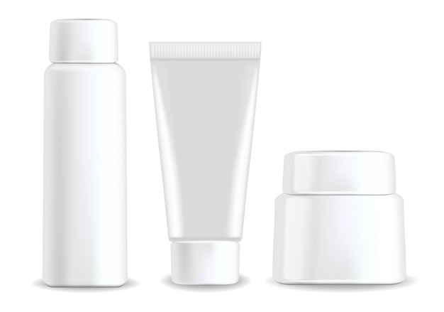 White packaging isolated for cosmetics, white bottle set, plastic container 3d illustration