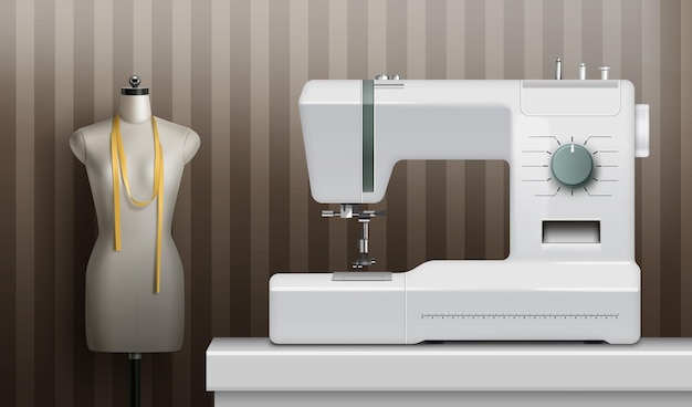 white realistic sewing machine in the room with tailor's dummy