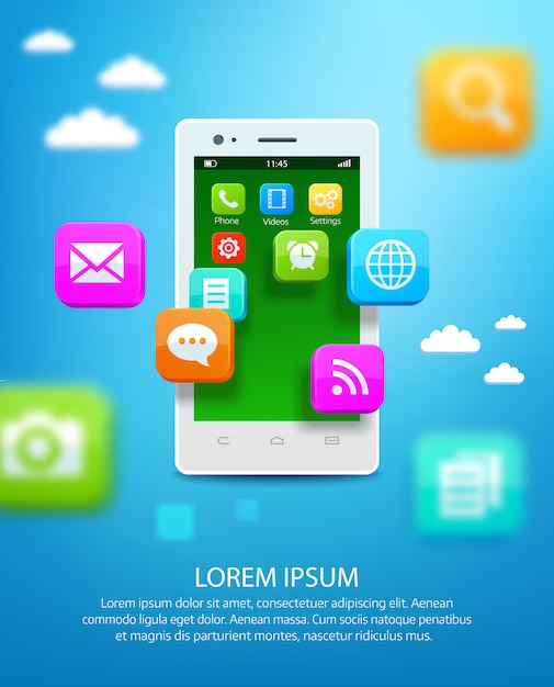 White smartphone with cloud of application icons