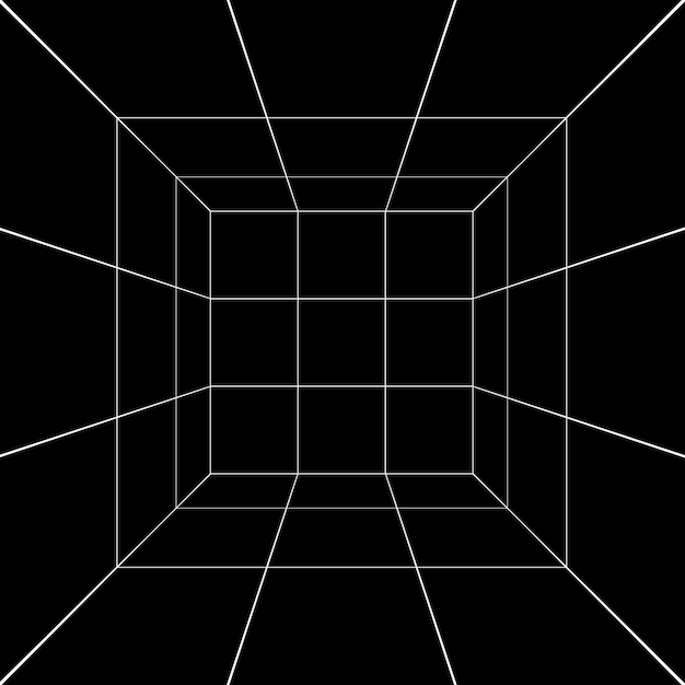 Vector white square room hallway studio or portal wireframe in perspective on black background