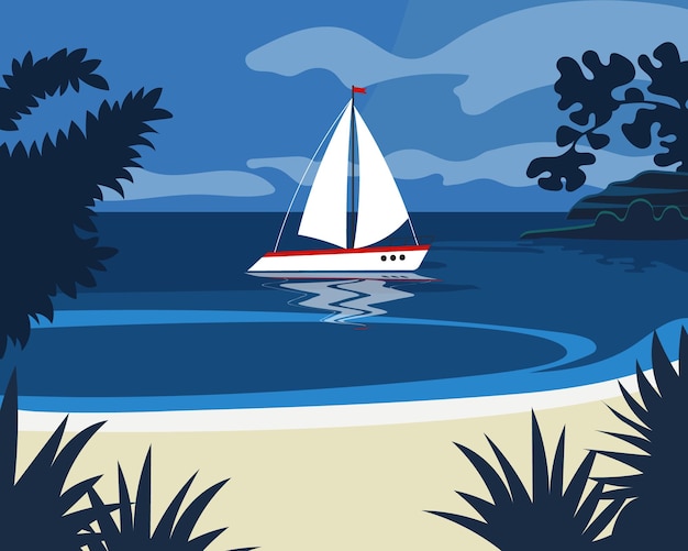 White yacht on the sea beach and tropical trees seascape Vacation and travel illustration