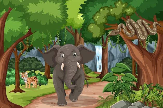 Wild animals in the forest scene