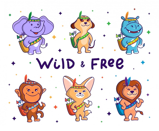 Wild and Free Animal set. Six African cartoon characters wearing national costumes and holding bags with arrows.