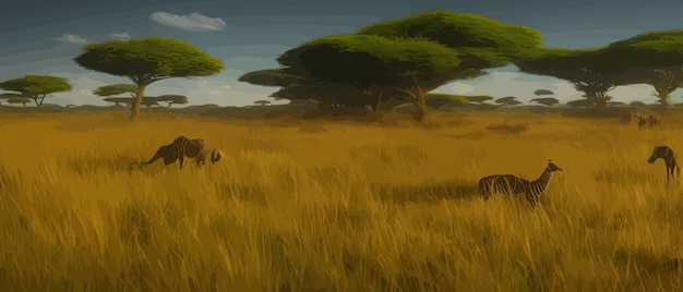 Vector wild savanna landscape savannah wild african nature with trees grass sand and animals africa